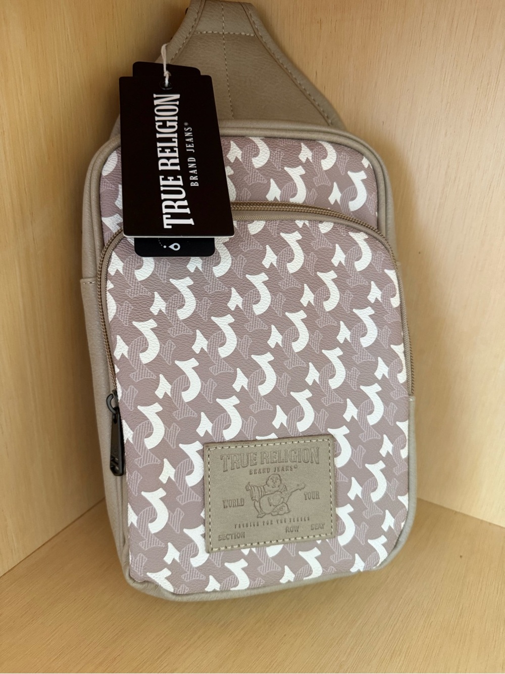 True Religion Monogram Sling Bag Crossbody Chest Pack Beige Taupe